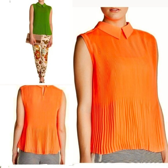 Ted Baker Dantea Orange Pleated Plisse Pleated Collar Sleeveless Blouse Sz 1 US4 - Picture 1 of 15